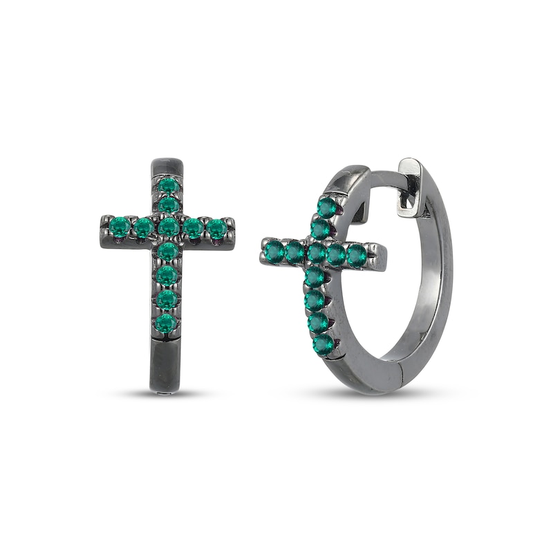 Main Image 1 of Men's Lab-Created Emerald Cross Huggie Hoop Earrings Antique Finished Sterling Silver