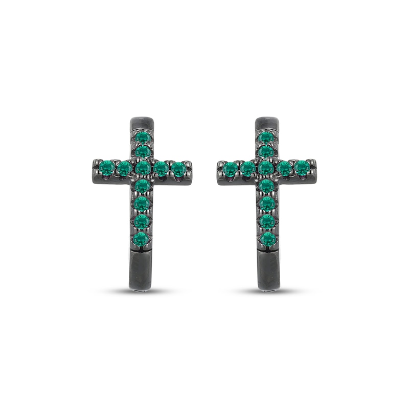 Main Image 2 of Men's Lab-Created Emerald Cross Huggie Hoop Earrings Antique Finished Sterling Silver