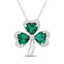 Heart-Shaped Lab-Created Emerald & White Lab-Created Sapphire Clover Necklace Sterling Silver 18"