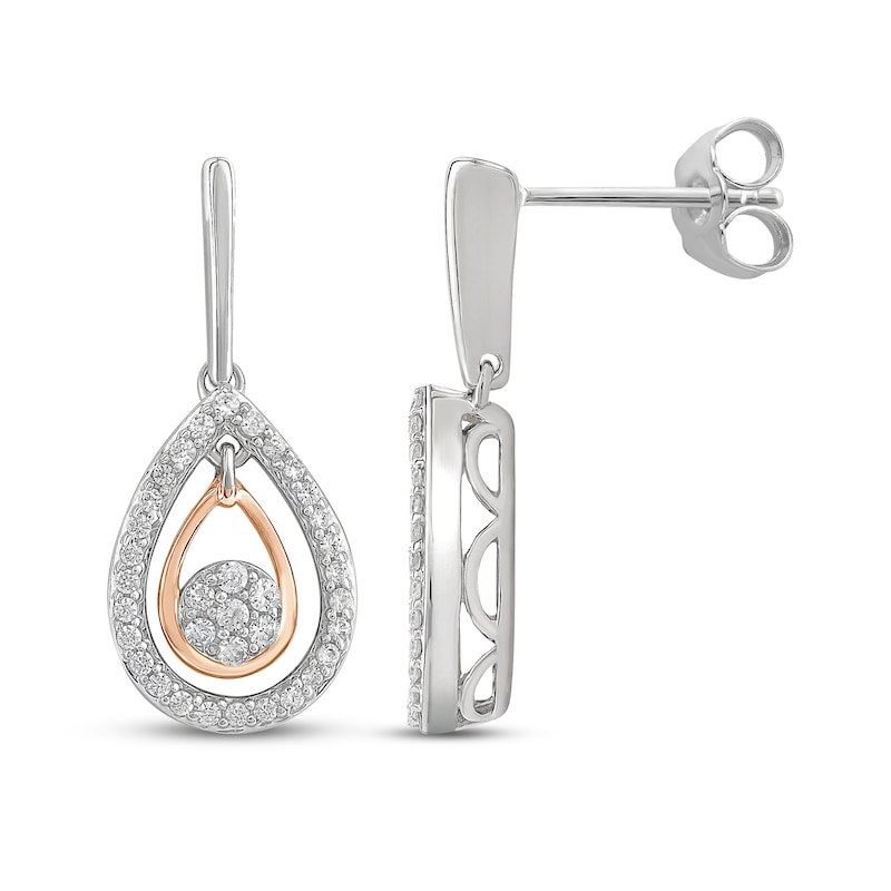 Main Image 1 of Round-Cut Diamond Teardrop Earrings 1/4 ct tw Sterling Silver & 10K Rose Gold