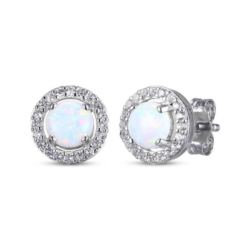 Main Image 3 of Round-Cut Lab-Created Opal & White Lab-Created Sapphire Stud & Hoop Earrings Gift Set Sterling Silver