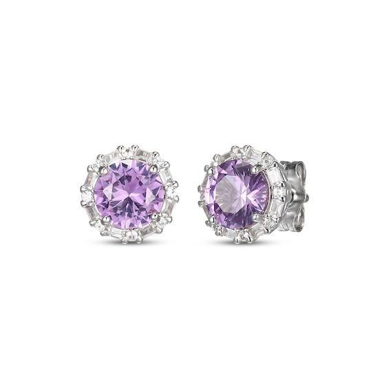 Amethyst & White Lab-Created Sapphire Halo Stud Earrings Sterling Silver