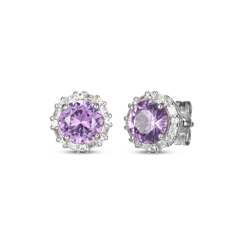 Main Image 1 of Amethyst & White Lab-Created Sapphire Halo Stud Earrings Sterling Silver