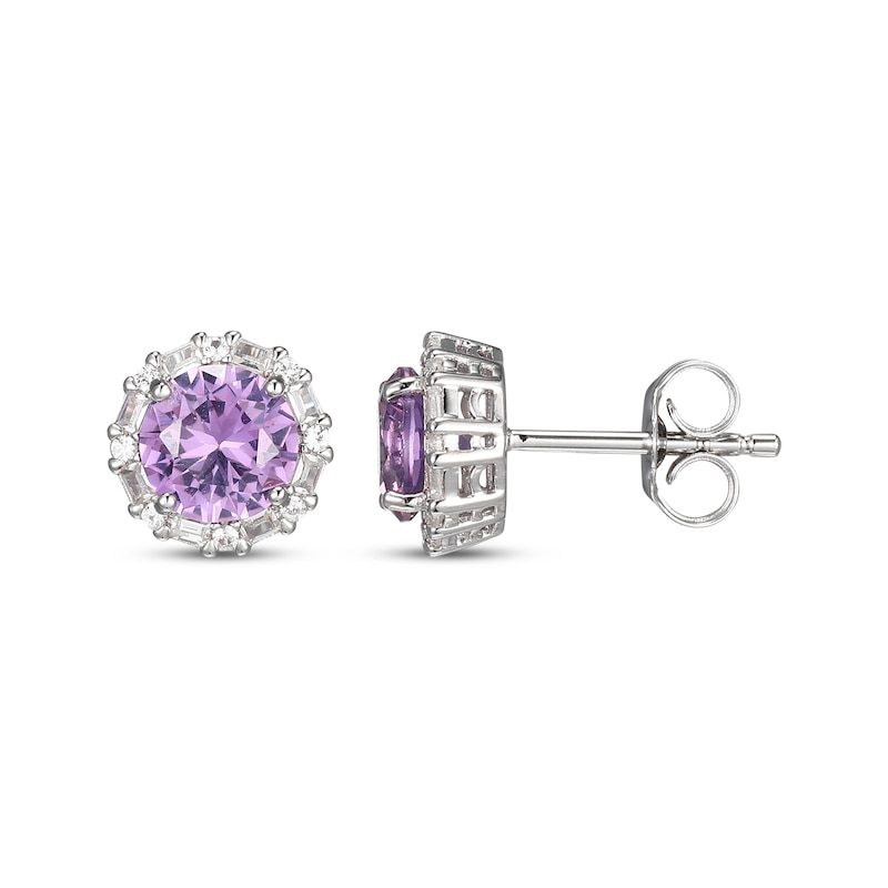 Main Image 3 of Amethyst & White Lab-Created Sapphire Halo Stud Earrings Sterling Silver