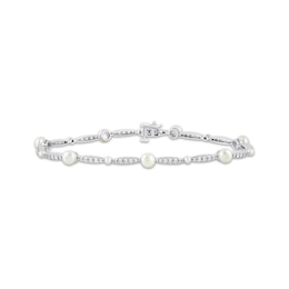 Cultured Pearl & White Lab-Created Sapphire Link Bracelet Sterling Silver 7.5&quot;