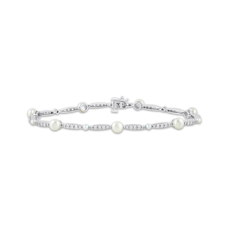 Cultured Pearl & White Lab-Created Sapphire Link Bracelet Sterling Silver 7.5"