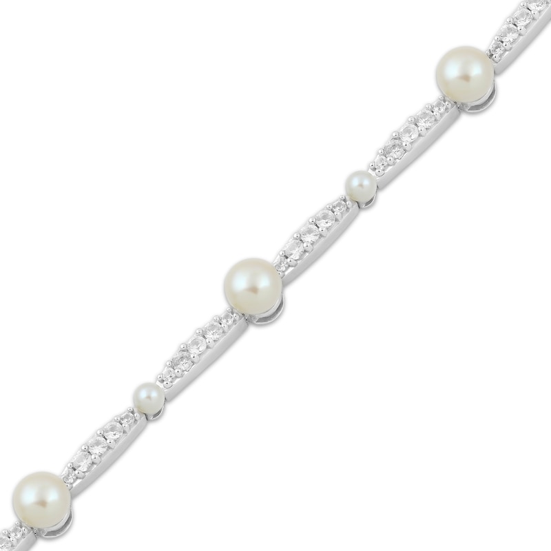 Cultured Pearl & White Lab-Created Sapphire Link Bracelet Sterling Silver 7.5"