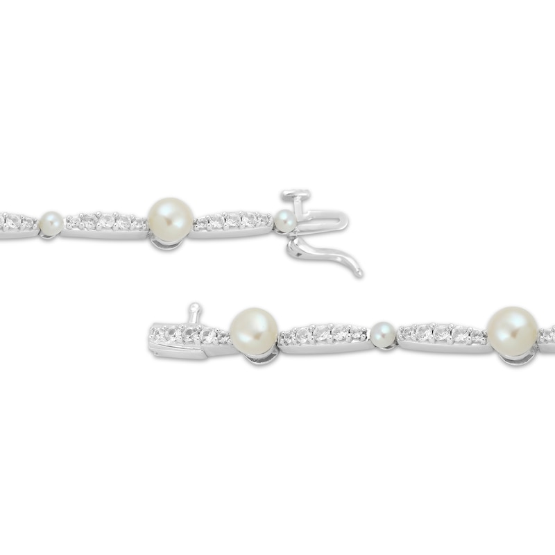 Cultured Pearl & White Lab-Created Sapphire Link Bracelet Sterling Silver 7.5"