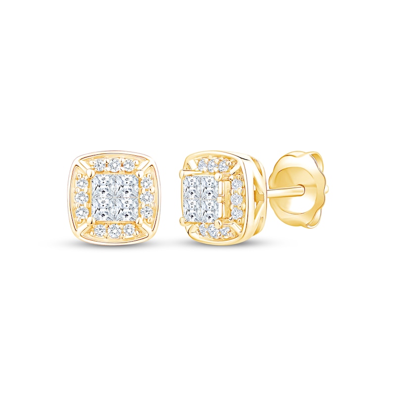 Main Image 1 of Princess-Cut Diamond Quad Cushion Halo Stud Earrings 1/3 ct tw 10K Yellow Gold