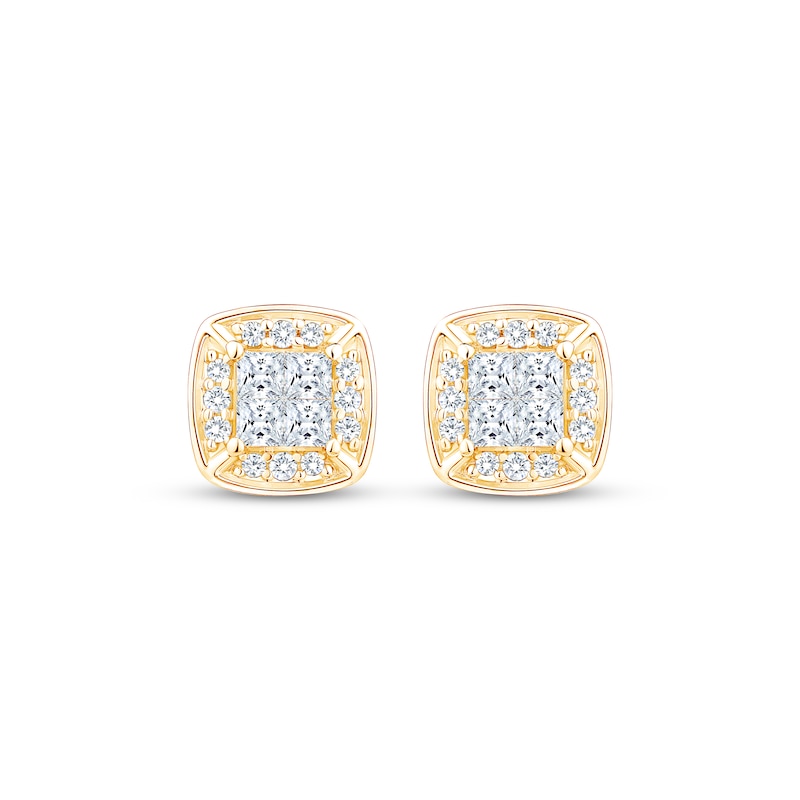 Main Image 2 of Princess-Cut Diamond Quad Cushion Halo Stud Earrings 1/3 ct tw 10K Yellow Gold