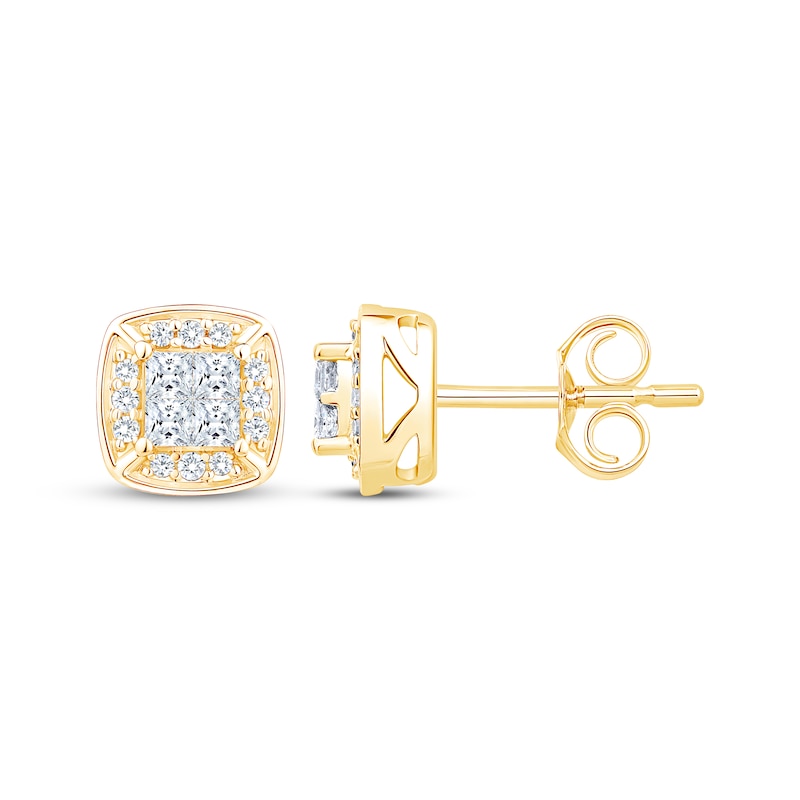 Main Image 3 of Princess-Cut Diamond Quad Cushion Halo Stud Earrings 1/3 ct tw 10K Yellow Gold