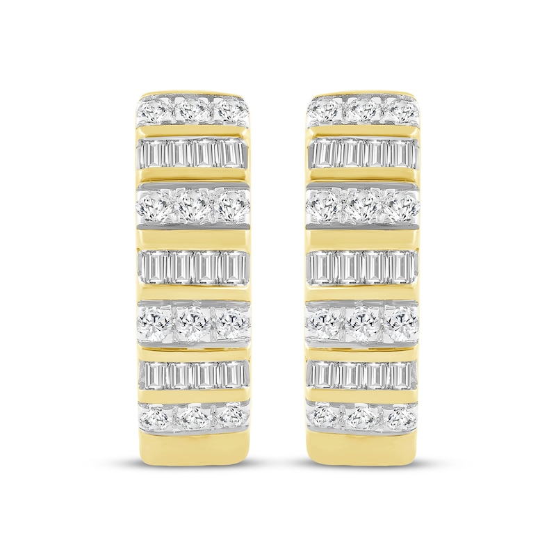 Main Image 2 of Men's Baguette & Round-Cut Diamond Hoop Earrings 1/3 ct tw 10K Yellow Gold