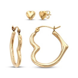 Heart-Shaped Stud & Hoop Earrings Gift Set Hollow 14K Yellow Gold