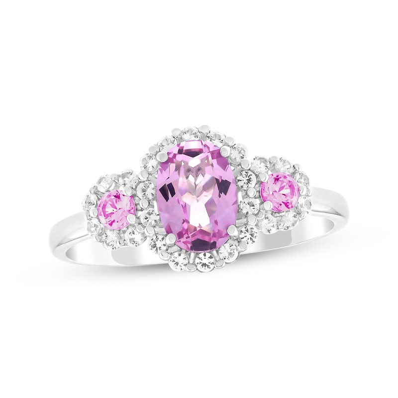 Main Image 1 of Oval-Cut Pink Lab-Created Sapphire & White Lab-Created Sapphire Halo Ring Sterling Silver