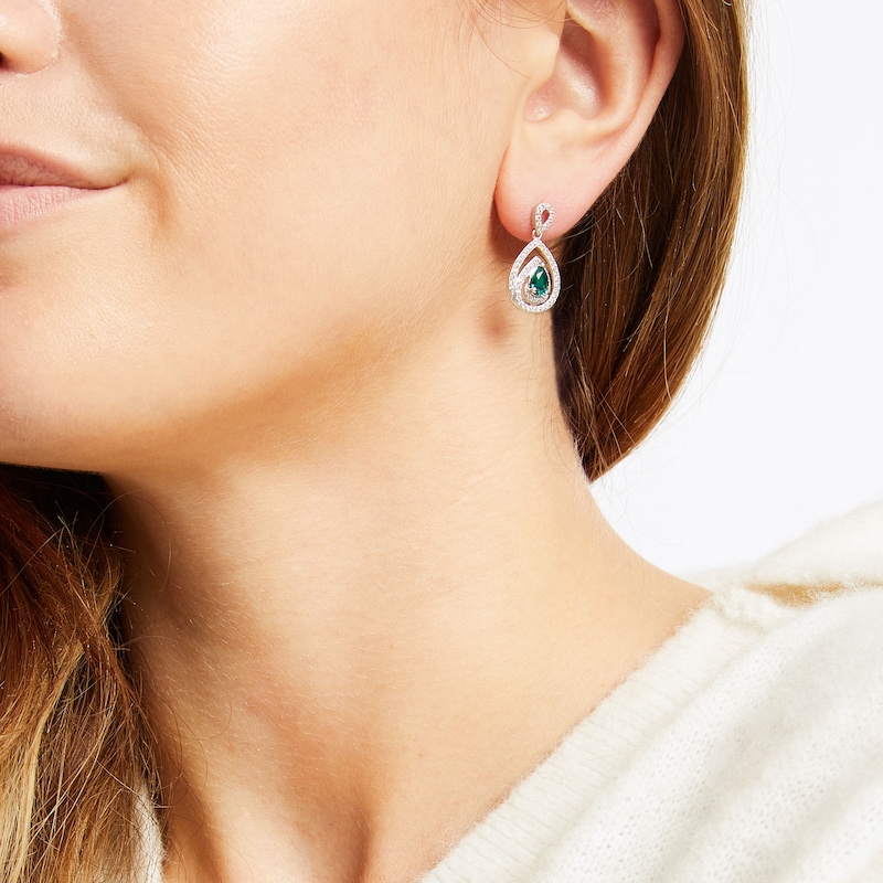 Pear-Shaped Lab-Created Emerald & White Lab-Created Sapphire Dangle Earrings Sterling Silver