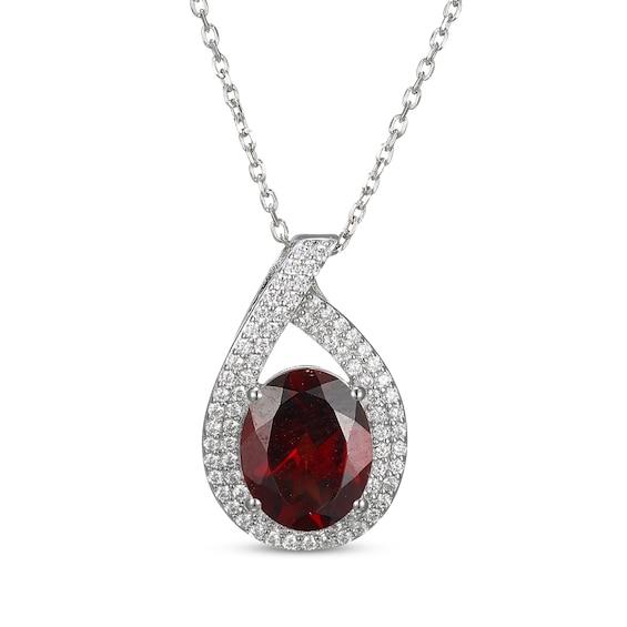 Oval-Cut Garnet & White Lab-Created Sapphire Teardrop Necklace Sterling Silver 18"