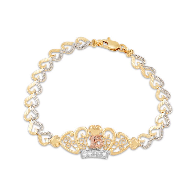 Diamond-Cut Quinceañera Hearts Bracelet 14K Tri-Tone Gold 7.5"