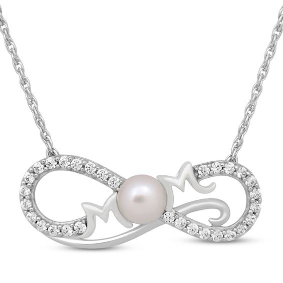 Cultured Pearl & White Lab-Created Sapphire "Mom" Infinity Necklace Sterling Silver 18"
