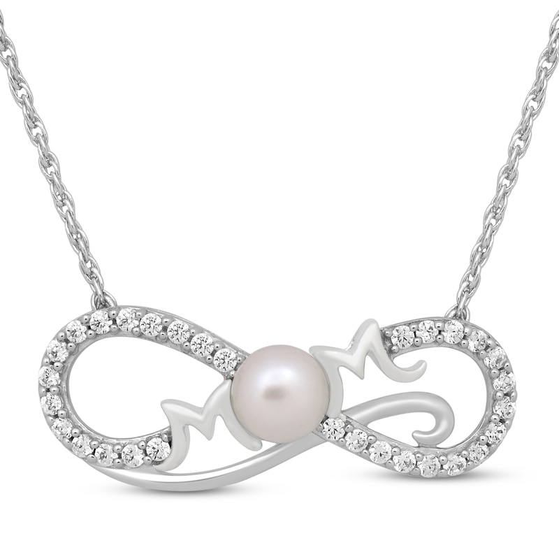 Main Image 1 of Cultured Pearl & White Lab-Created Sapphire &quot;Mom&quot; Infinity Necklace Sterling Silver 18&quot;