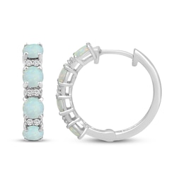 Lab-Created Opal & White Lab-Created Sapphire Hoop Earrings Sterling Silver