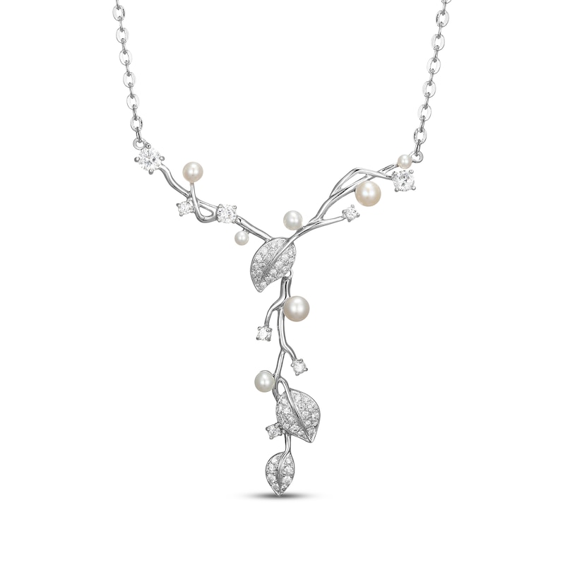 Main Image 1 of Cultured Pearl & White Lab-Created Sapphire Vine Y-Drop Necklace Sterling Silver 18&quot;