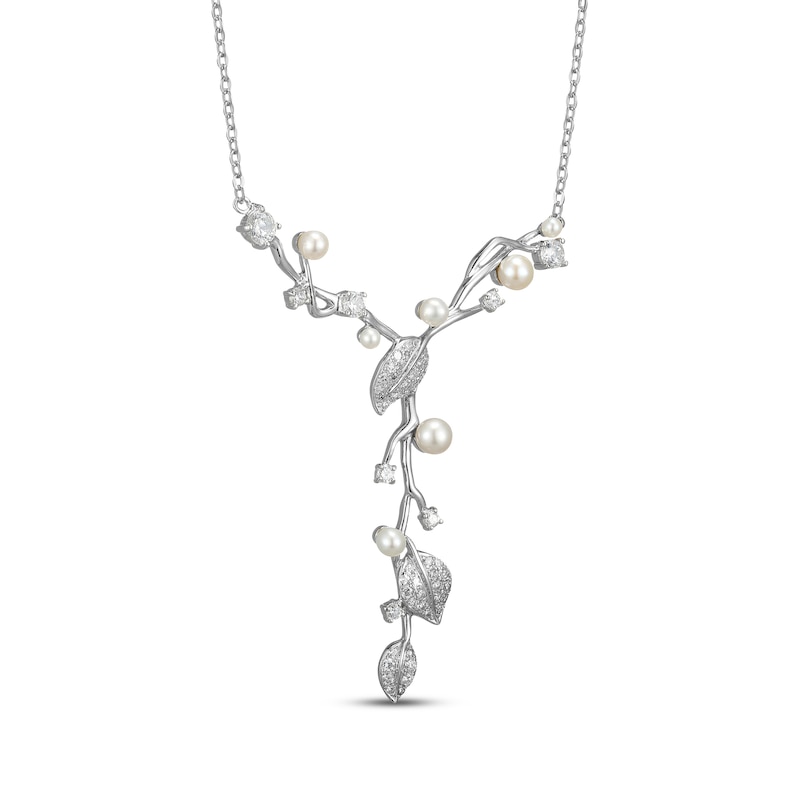 Main Image 2 of Cultured Pearl & White Lab-Created Sapphire Vine Y-Drop Necklace Sterling Silver 18&quot;