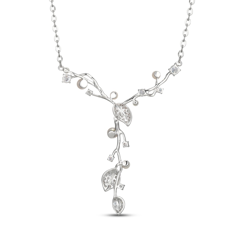 Main Image 3 of Cultured Pearl & White Lab-Created Sapphire Vine Y-Drop Necklace Sterling Silver 18&quot;