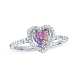 Heart-Shaped Lavender Lab-Created Opal & White Lab-Created Sapphire Ring Sterling Silver