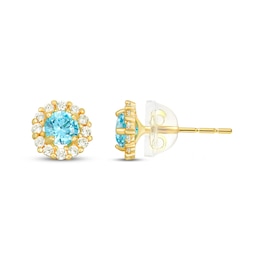 Children's Bright Blue & White Cubic Zirconia Halo Stud Earrings 14K Yellow Gold