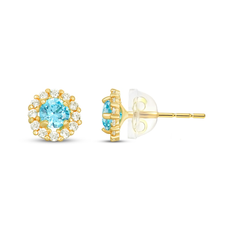 Main Image 1 of Children's Bright Blue & White Cubic Zirconia Halo Stud Earrings 14K Yellow Gold