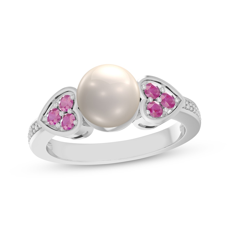 Main Image 1 of Cultured Pearl, Pink Lab-Created Sapphire & Diamond Ring 1/20 ct tw Sterling Silver