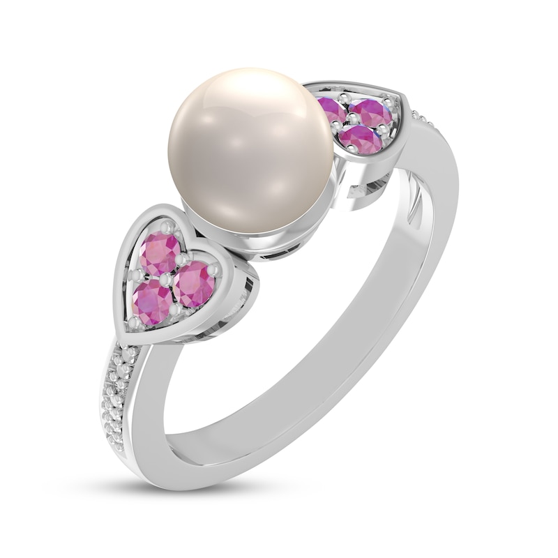 Main Image 2 of Cultured Pearl, Pink Lab-Created Sapphire & Diamond Ring 1/20 ct tw Sterling Silver