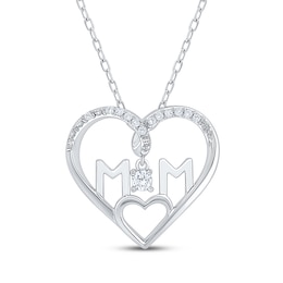 Diamond &quot;Mom&quot; Dangle Heart Necklace 1/10 ct tw Sterling Silver 18&quot;