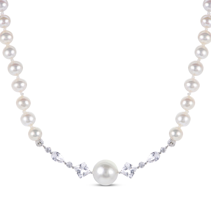 Main Image 1 of Cultured Pearl & Multi-Shape Lab-Created Sapphire Necklace Sterling Silver 18&quot;