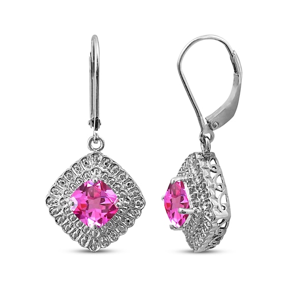 Cushion-Cut Pink Lab-Created Sapphire & Diamond Accent Dangle Earrings Sterling Silver