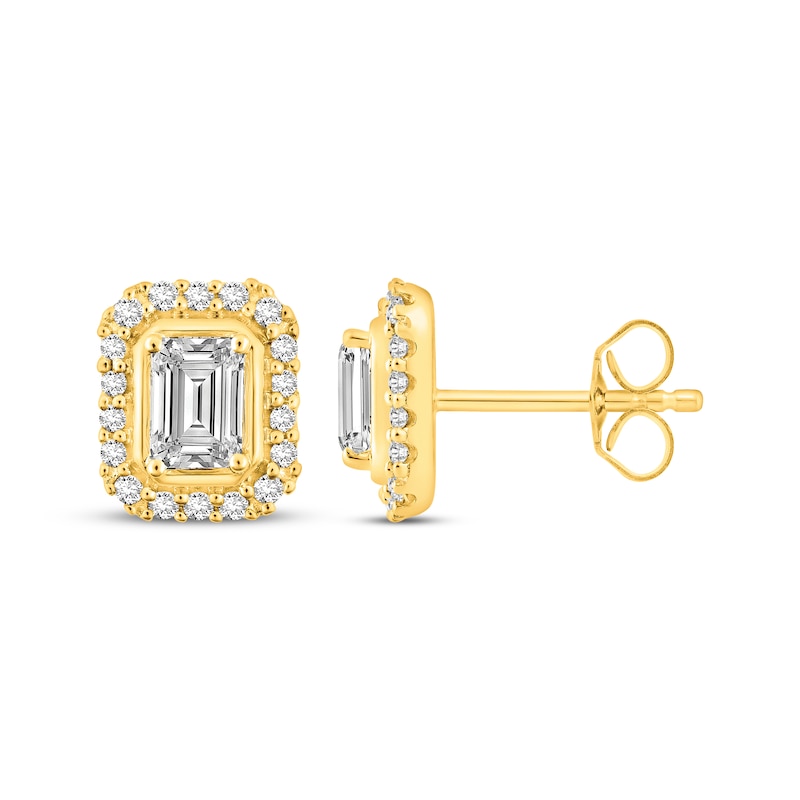 Main Image 1 of Lab-Grown Diamonds by KAY Emerald-Cut Halo Stud Earrings 1 ct tw 14K Yellow Gold