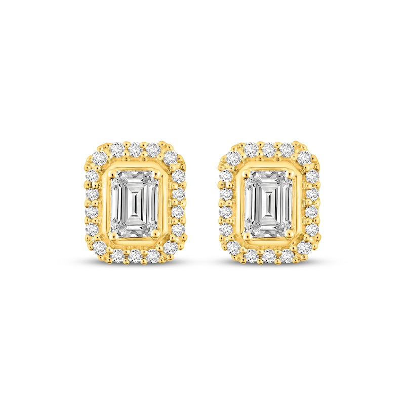 Main Image 2 of Lab-Grown Diamonds by KAY Emerald-Cut Halo Stud Earrings 1 ct tw 14K Yellow Gold