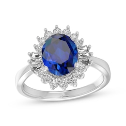 Oval-Cut Blue & White Lab-Created Sapphire Starburst Ring Sterling Silver