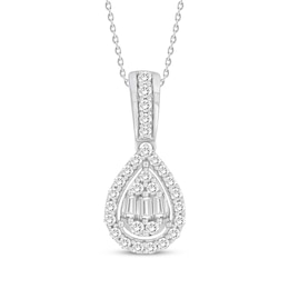 Baguette & Round-Cut Multi-Diamond Teardrop Necklace 1/4 ct tw 10K White Gold 18&quot;