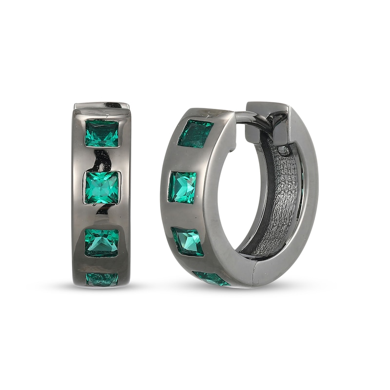 Main Image 1 of Men's Square-Cut Lab-Created Emerald Huggie Hoop Earrings Gunmetal-Plated Sterling Silver