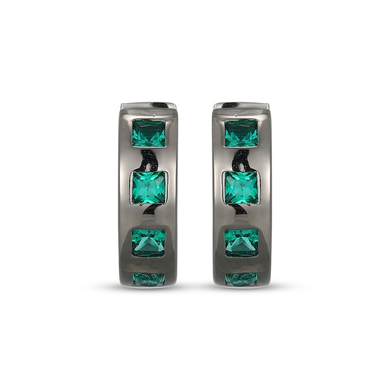 Main Image 2 of Men's Square-Cut Lab-Created Emerald Huggie Hoop Earrings Gunmetal-Plated Sterling Silver