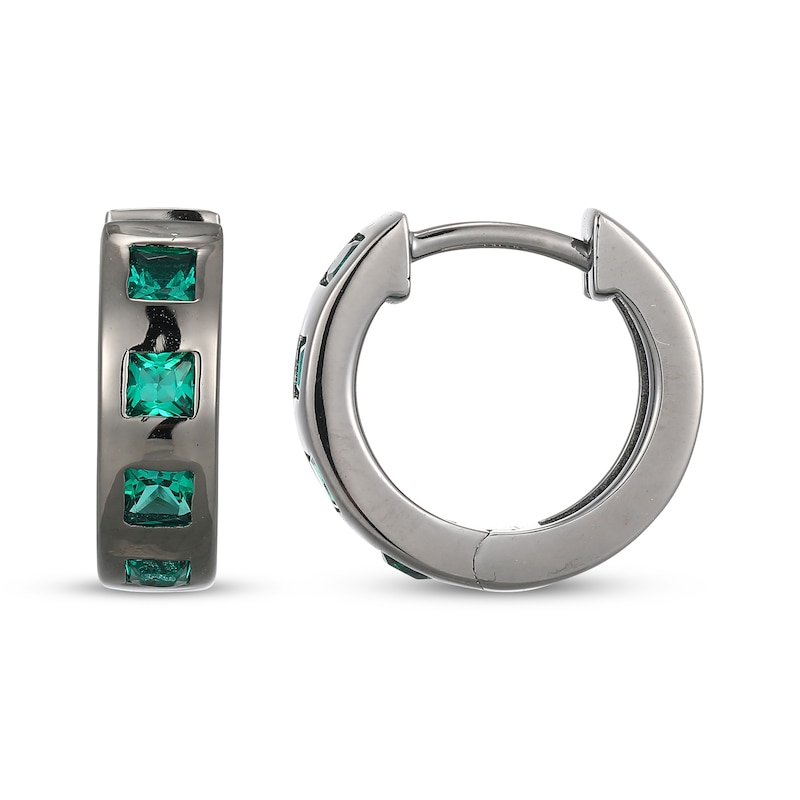 Main Image 3 of Men's Square-Cut Lab-Created Emerald Huggie Hoop Earrings Gunmetal-Plated Sterling Silver