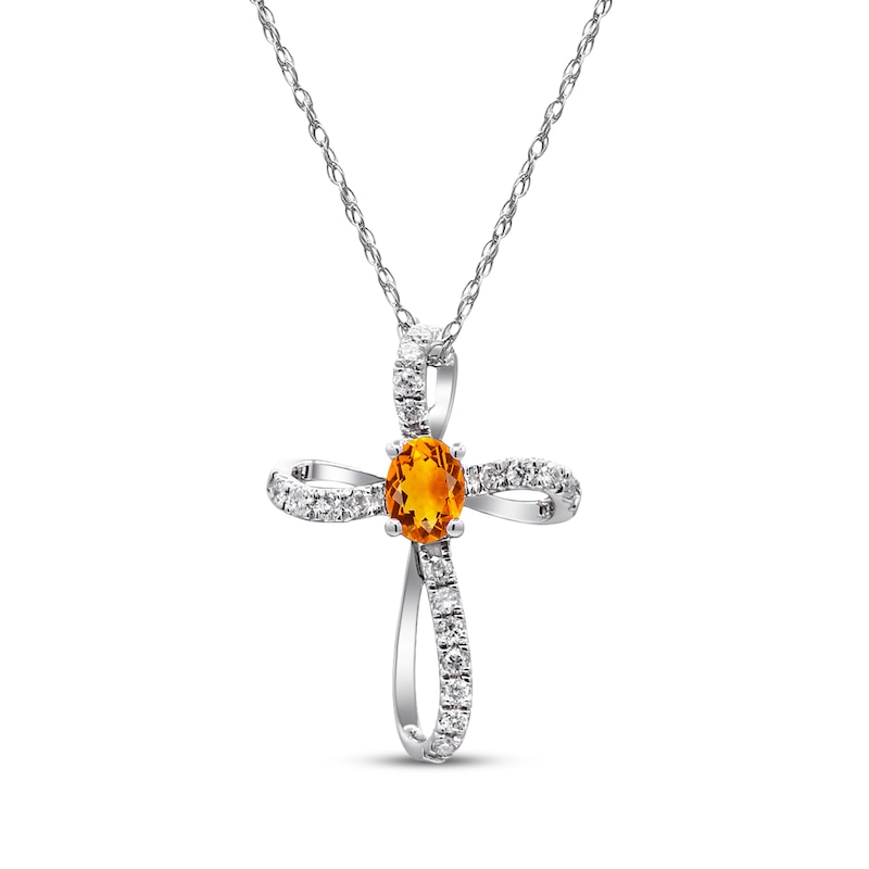 Main Image 1 of Oval-Cut Citrine & Diamond Loop Cross Necklace 1/10 ct tw 10K White Gold 18&quot;