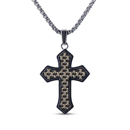 Men's Carbon Fiber Cross Necklace Black Ion-Plated Stainless Steel 24&quot;