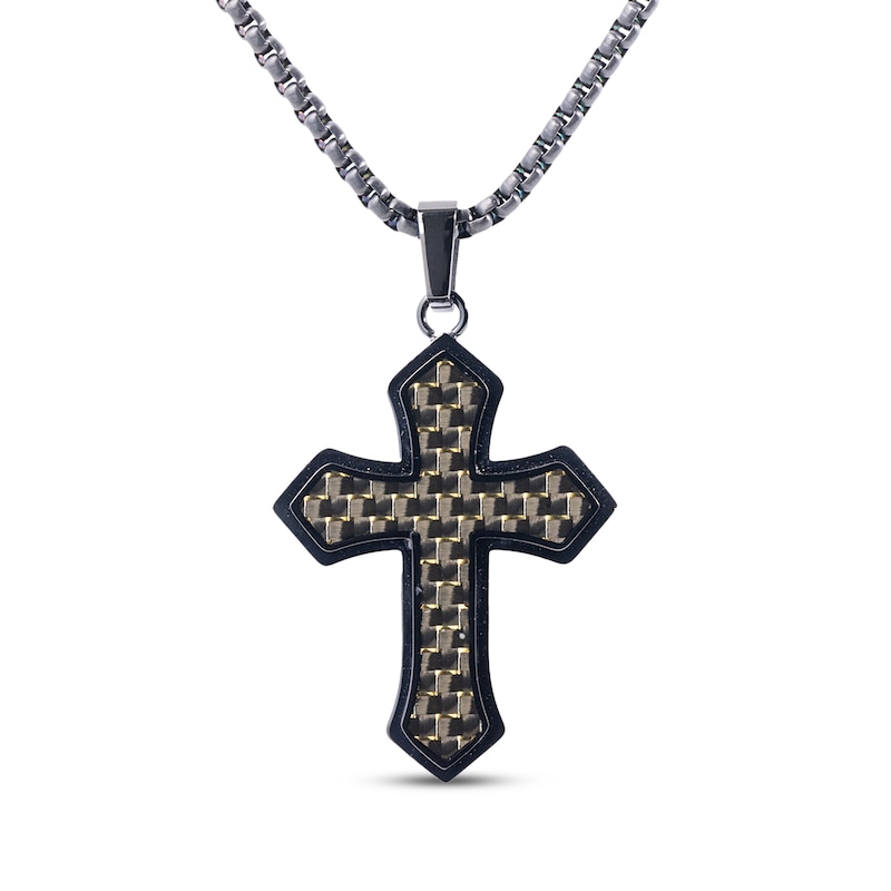 Main Image 1 of Men's Carbon Fiber Cross Necklace Black Ion-Plated Stainless Steel 24&quot;