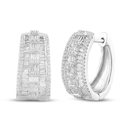 Baguette & Round-Cut Diamond Hoop Earrings 1 ct tw 10K White Gold