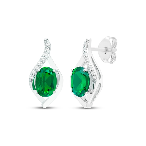 Oval-Cut Lab-Created Emerald & White Lab-Created Sapphire Drop Earrings Sterling Silver