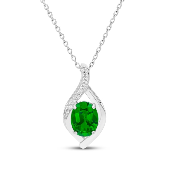 Oval-Cut Lab-Created Emerald & White Lab-Created Sapphire Necklace Sterling Silver 18"