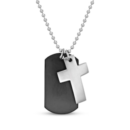 Men's Cross & Dog Tag Necklace Stainless Steel & Black Ion Plating 24&quot;