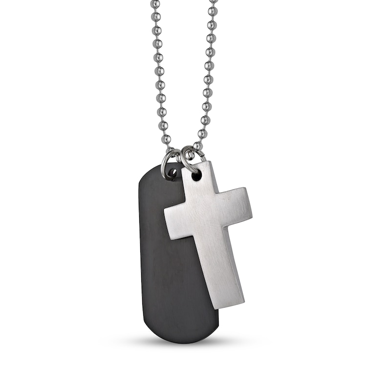 Main Image 2 of Men's Cross & Dog Tag Necklace Stainless Steel & Black Ion Plating 24&quot;